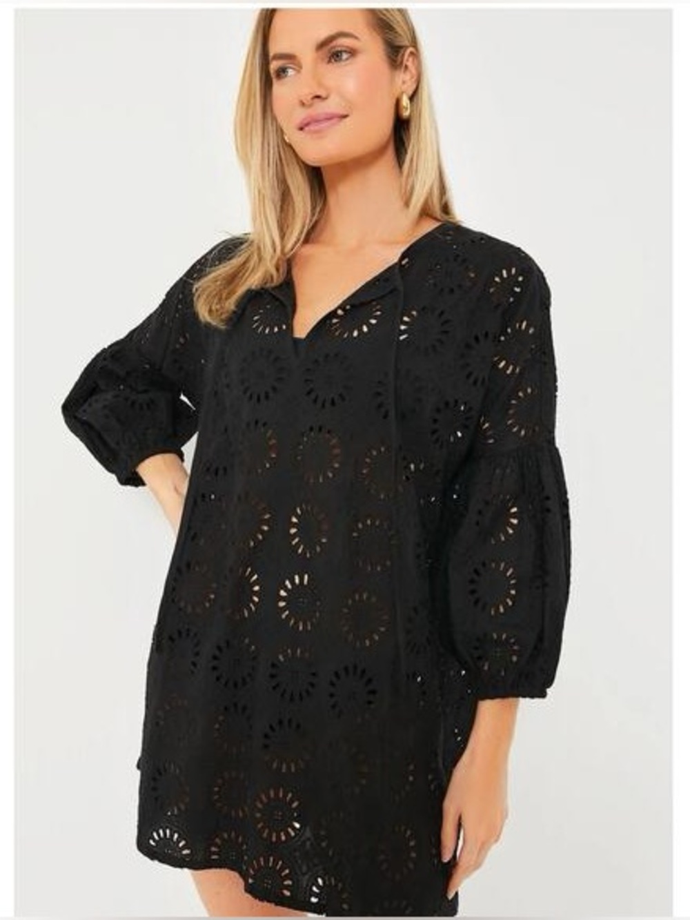 Tuckernuck Black Eyelet Swim Coverup Floral Embroidery Puffed Sleeve
